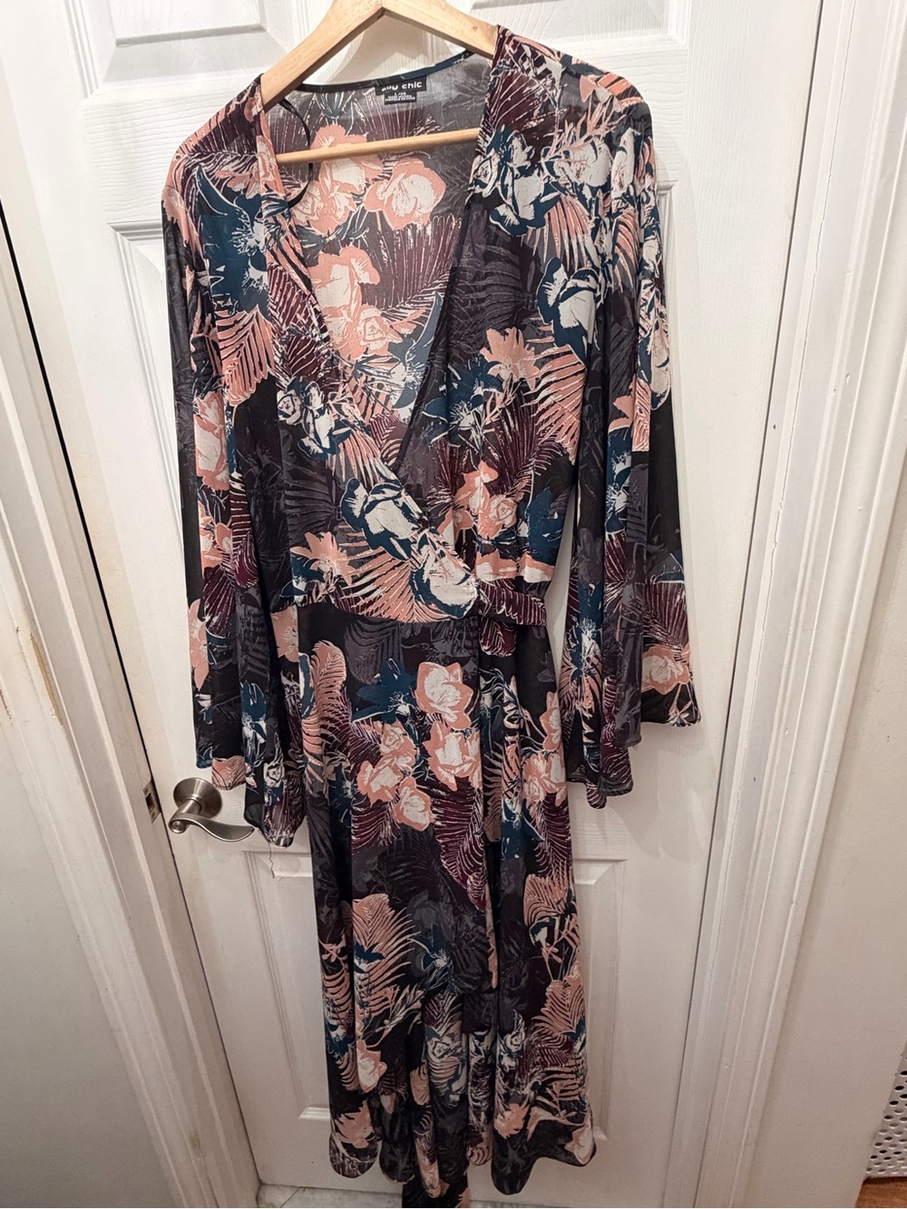 City Chic Floral Wrap Maxi Sheer Dress in Pink & Navy